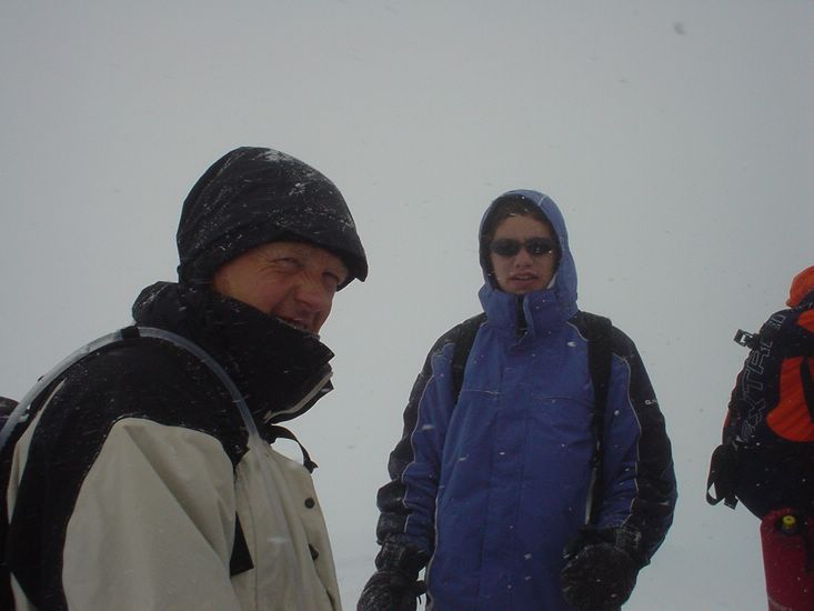 On the summit of the Bisshorn, completely clouded in. It's very cold and snowing in mid August !