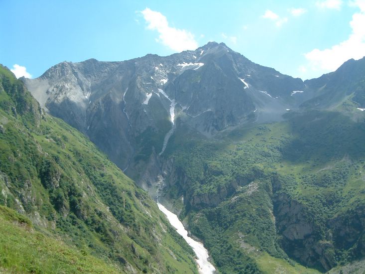 On the other side of the pass which can be seen in the top left. The way down is long, steep, knee-jarring, awful.