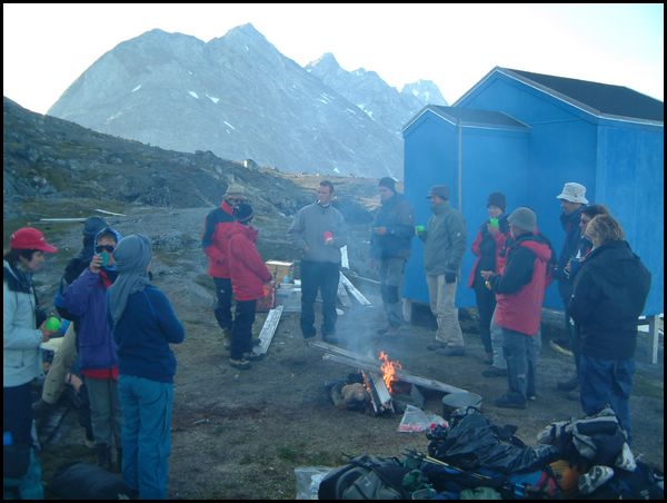 The inuit were supposed to pick us up but didn't. We were stuck without food so here we are trying to keep warm drinking whisky  on the ''rocks', the rocks being chips of an iceberg !